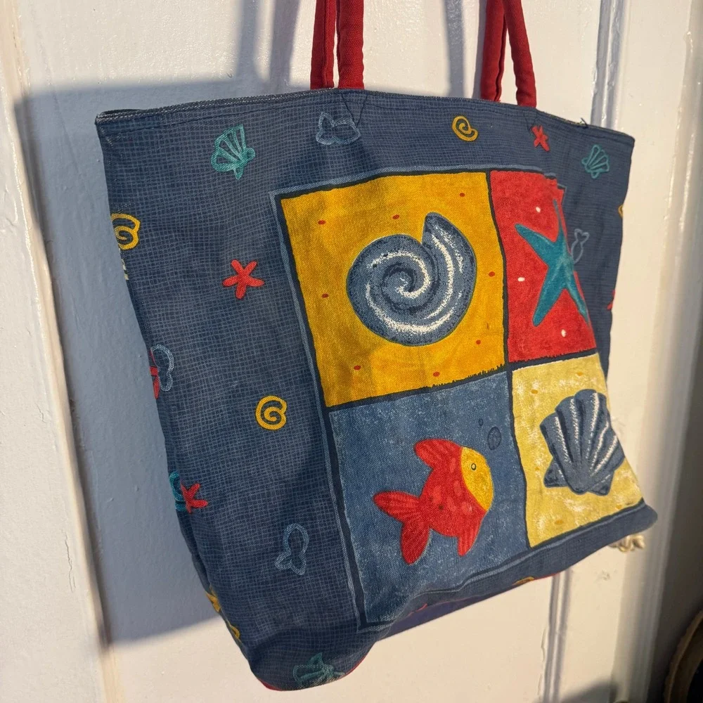 Vtg 90s Nautical Fish Canvas Tote Blue Red Beach Bag Wood Charm Maximalist Sea